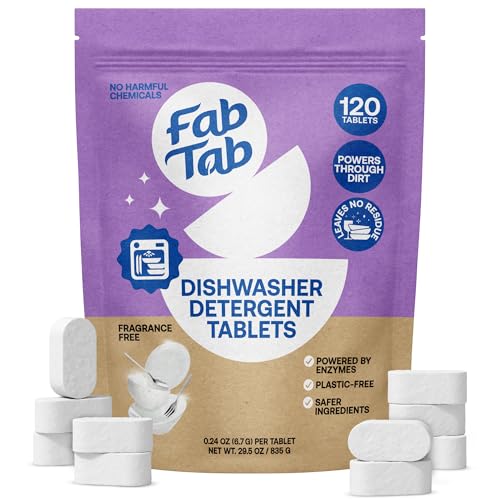 Fab Tab 100% Plastic-Free Dishwasher Detergent Tablets, Clean Ingredients, Fragrance Free, No Residue, Powerful Enzyme-Based Dishwasher Pods, 120 Count.