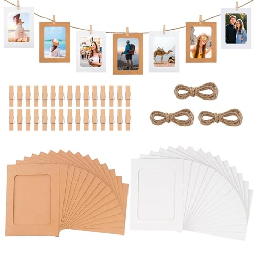 30 peças de pendurar moldura de fotos carto, fotos de papel kraft, molduras de papel coles criativas com cordão e clipes, kraft fotorahmen para trabalhos manuais para aniversários, casamentos, festas