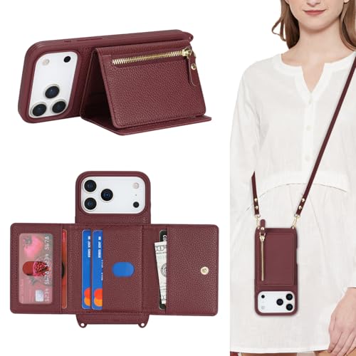 For 2025モデルiPhone 17Pro Maxケース背面肩掛け 首かけ 斜めがけ ショルダー 3カード収納 スタンド機能スマホケース【MYH】アイフォン17プロマックス おしゃれ人気 女性上質PUレザー 軽量 耐衝撃 落下防止 落下防止指紋防止 耐