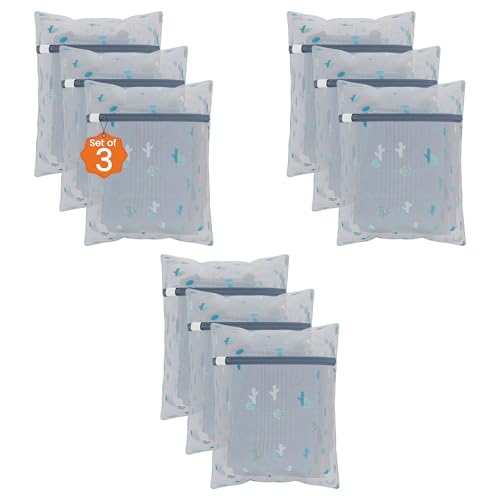 Image of Kuber Industries Set of 9 Polyester Mesh Laundry Bag with Zip | Reusable Washing Bags for Washing Machine | Ideal for Delicate Fabrics, Lingerie & Shoes Protection | YZ-8-1 | Cactus Print - White