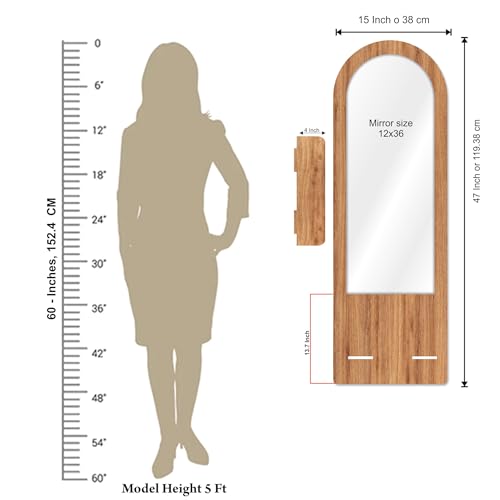 Image of Creative Arts n Frames Full length 15x47 inch Long Wall Mount HD Mirror with Shelf for Bedroom Bathroom Living room Home Office Decor(15x47 inch Framed Mirror with Shelf Arch Natural Iqurel Oak Light)