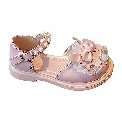 Girls' Summer Closed Toe Soft Bottom Bow Lace Princess Shoes Pearl Lace Up Wedding Flower (Pink, 9.5 Little Child)