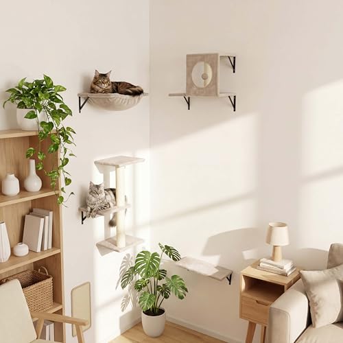 Kit de Muebles de Pared para Gatos con Rascador y Estantes Beige miniatura 4