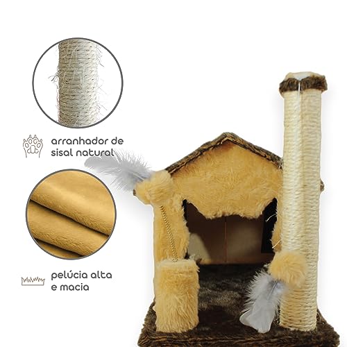 Casa Arranhador Playground Brinquedo Com Rede Poste Sisal Gato – Chocolate/Bege