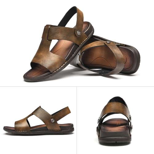 Lossarye Men's Leather Open toe Flat Sandals Summer Adjustable Dual-Use Ankle Straps Soft Arch Support Sandals Casual Non-Slip Slip On Beach Sandals2