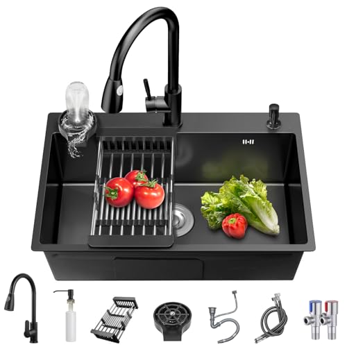 MWIDCIEW Évier De Cuisine Noir 3 Trous 1 Bac En Acier Inoxydable 304, Avec Robinet Extractible 360°, Rince-verre, Distributeur De Savon Et Panier Égouttoir (60 x 45 cm)