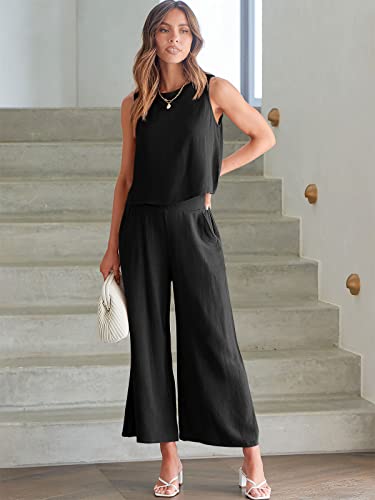 Anrabess Women'S Summer 2 Piece Outfits Sleeveless Crop Top Capri Wide Leg Pants Jumpsuit Casual Linen Lounge Matching Sets Beach Travel 2024 Trendy Clothes Black Small thumb #4