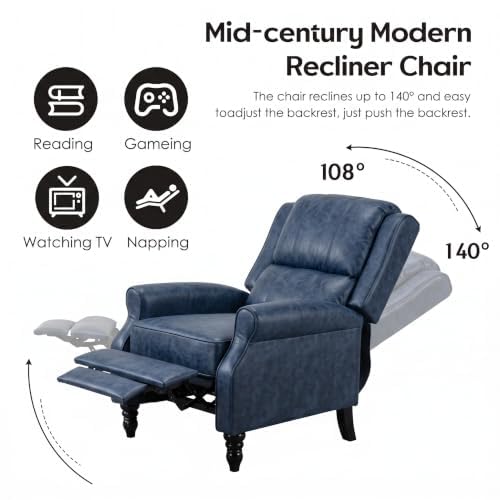 Image of Leather Recliner Chair with Adjustable Backrest & Footrest, Blue | Adjustable Backrest & Footrest, Medieval Style Overstuffed Arms, Quality Faux Leather