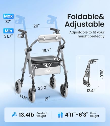 Image of VOCIC Z12 Walker for Seniors with Seat, 13.4 LBS Ultra Light, 350 LBS | Ergo Seat & Backrest for Comfort, Height Adjustable & Easily Foldable for Seniors, All Terrain Wheels, Silver