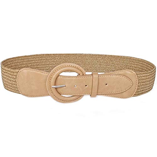 YUCFOREN Women Skinny Dress Belt, Elastic Stretch Waist Band Straw Woven Rattan Wood Buckle Belts… (Type 8-Khaki, Fits Waist: 29 -32 )