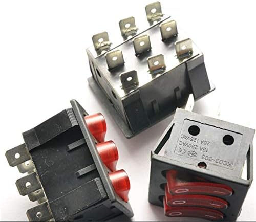 6 Pcs 250V 15A 9 Pin 2 Gear Rocker Switch CD3-303 | 6 Red Rocker Switches, 250V 15A, 9-Pin, 2-Position, Durable Plastic(Black)