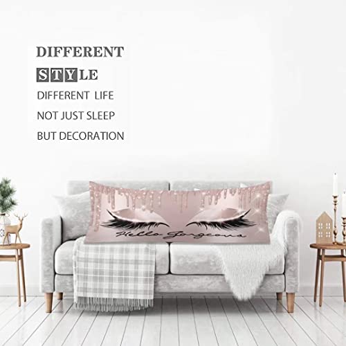 Pink Body Pillow Cover Spark Rose Gold Drips Makeup Lashes Hello Gorgeous Long Pillow Case Protector With Zipper Decorative Soft Large Pillowcase Covers Cushoned For Bed,Couch,Sofa,Home Gifts 20"X54" #TOP1