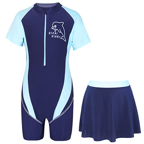 Freebily Combinaison de Plongé 2 Pièce Fille Enfant Maillot de Bain Manches Courte Rashguard Body de Bain avec Mini Jupe de Bain Natation Bikini de Piscine Zippé 5-14 Ans Dauphin Marin 5-7 Ans