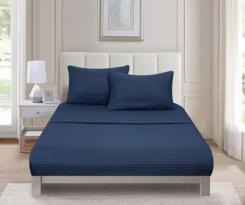 Image of BSB HOME 210 TC Premium Glace Cotton Striped /Lining Plain Bedsheet for Double Bed King Size with 2 Pillow Covers for Home-Hotels-Guest House-Blue