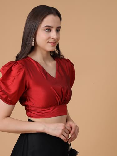 Image of Frolic Rolic Premium Silk V-Neck Blouse Readymade Saree Blouse - Designer Puff Sleeve Blouse for Wedding