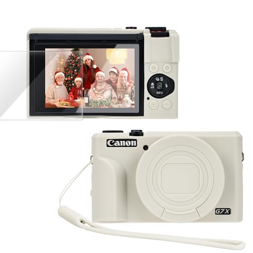 PROfezzion for Canon PowerShot G7X Mark III Silicone Case Protective Cover Slim Fit Jacket Sleeve Accessories with Glass Screen Protector and Wrist Strap for Canon GX7 Mark III Camera - Beige