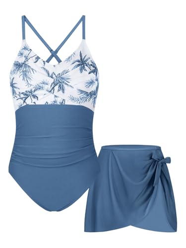 KOMEIANA 9-16Y Girls One Piece Swimsuit with Cover Up Spaghetti Strap Cutout Ruched Bathing Suit Criss Cross Straps Swimwear Blue