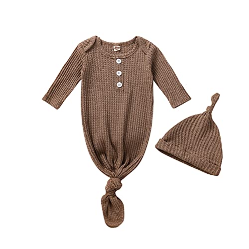 Image of Tsseiatte Newborn Baby Boy Girl Knotted Gowns Long Sleeve Printed Sleeping Bag Coming Home Outfit Nightgown Pajamas Hat Set