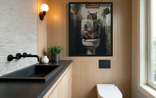 Image of Cat on Toilet Black Framed Wall Art Print Poster, Dog Bathroom Humor Decor Posters Prints for Restroom Home Picture Painting Artwork Gallery 7 (Cat 1, 20 inchL x 16 inchW, Black Frame)