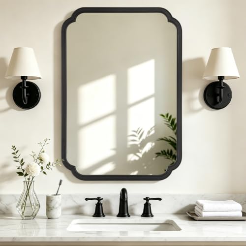 HOMECOOKIN Wood Bathroom Mirror for Wall Decor Arched Rounded Corner Rustic Wood Frame Wall Mirror Home Decorative for Vanity, Living Room, Bedroom, Entryway (28 x 40 inch, Black)