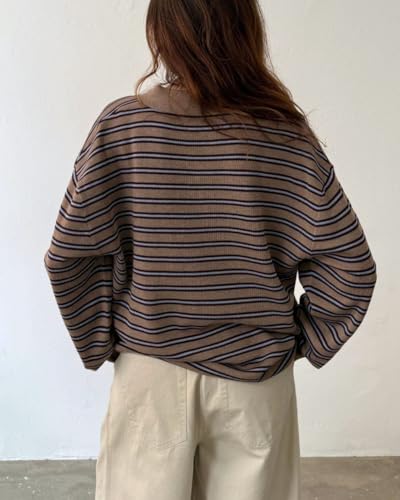 Oversized Striped Sweater for Women Collared Long Sleeve Preppy Polo Sweater Vintage Aesthetic Knitted Rugby Shirts3