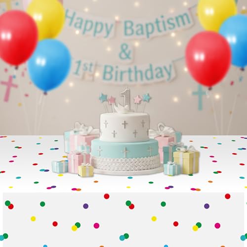 Image of K1tpde Colorful Rainbow Party Tablecloth - 3PCS Colorful Dot White Plastic Tablecloth, Multicolor Dot Birthday Disposable Tablecover, Rainbow Dots Party Supply for 1st Baby Shower Birthday Decorations