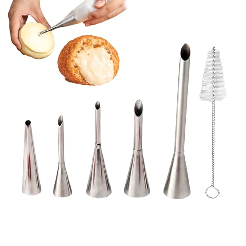 Galenecx 5 Pezzi Ugelli per Sac a Poche，ugello per tubazioni a velo lungo in acciaio inossidabile, Facile Riempimento Siringa per Iniezione Bignè, con Spazzola, per ripieno di ciambelle, cupcakes