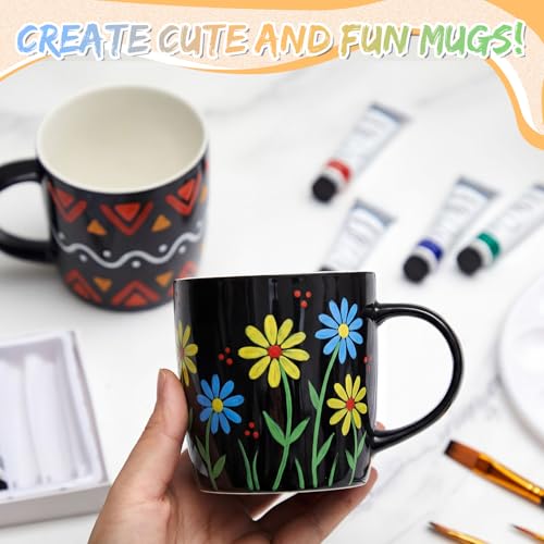 Image of Geiserailie Mug Painting Kit for Adults, Paint Your Own Ceramic Mug DIY Set with 2 Mugs, 12 Acrylic Paints, 3 Brushes & Palette Creative Gift for Graduation Mother's Day Birthday Party(Simple Black)