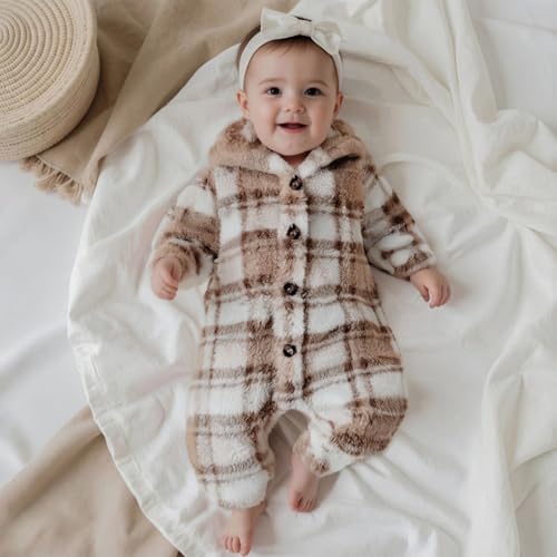 Baby Furry Jumpsuit Newborn Fleece Snowsuit Plaid/Butterfly Long Sleeve One-Piece Hooded Romper Winter Clothes3