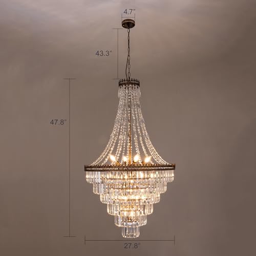 TOCHIC French Empire Crystal Chandelier Modern Farmhouse Chandelier Ceiling Light for Foyer Entryway High Ceiling, Vintage Antique Bronze Chandelier Light Fixture for Dining Living Room 28\" W x 48\" H