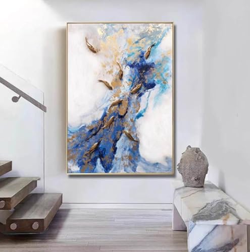 Peinture à l'huile poisson abstrait feuille d'or toile 3D salon