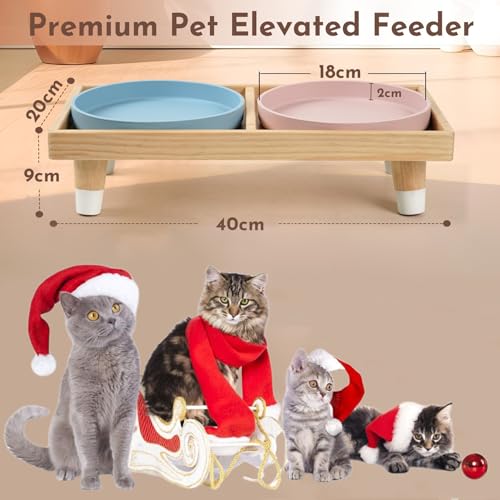 JAZUIHA Katzennapf Erhöht inkl. 2 Flache und breite Schalen, Futterstation mit Holzständer und Silikon Futternapf für Katzen D 18 cm