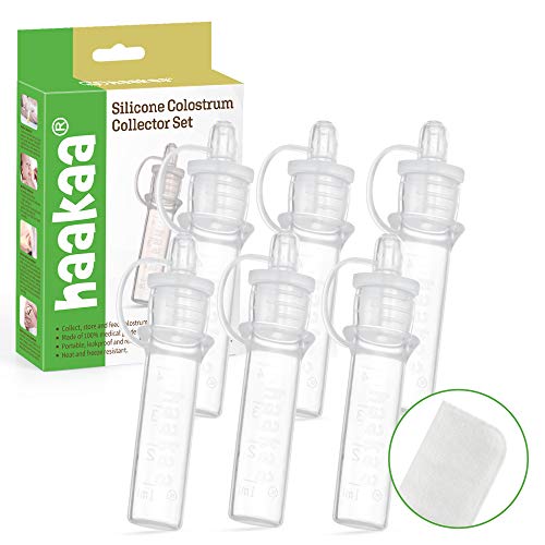 Haakaa Colector de calostro de silicona con estuche de almacenamiento, incluye 1 toallita de algodón reutilizable, colector hecho de 100% silicona de alto grado, libre de BPA (0.1 oz/4 ml, 6 piezas)