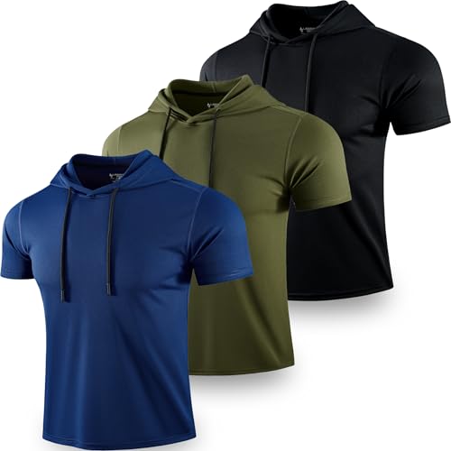 Lista de Sudaderas sin capucha para Hombre los más solicitados. 46 Paquete de 3: sudaderas ligeras de manga corta para hombre, camisetas con capucha de ajuste seco para gimnasio, correr, Negro, azul marino, verde oliva, Large