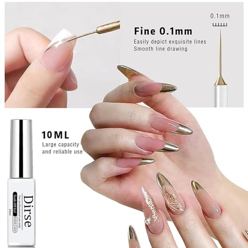 Gold Liner Gel Nail Polish - Metallic Gold Gel Liner Nail Art - 3D Mirror Effect Painted Drawing Nail Gel with Thin Brush - 10ml Glossy Chrome Gel Soak Off UV/LED Nail Art Manicure - Image 3