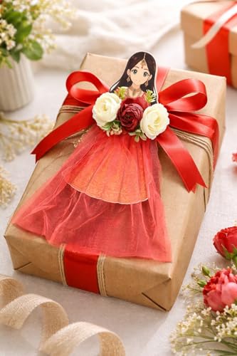 Image of SATYAM KRAFT 2 Pcs Bride Gown Style Decorative Attachment for Small Bags | Net Gown Doll Design for Suitcase Decor, Trousseau Packing, Wedding Decor, Engagement & Gift Wrapping (Red)