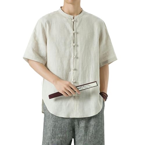 Camisa Tang transpirable de lino con cuello alto y botones de rana para hombre