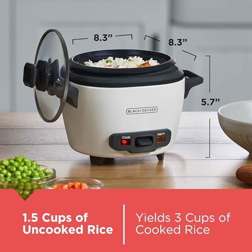 Image of BLACK+DECKER Rice Cooker, 1.5-Cup Uncooked (3-Cup Cooked) Rice, Steaming Basket, Removable Non-Stick Bowl, One-Touch, White