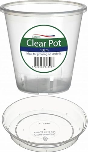 Home Fittings® Clear Orchid Pot 13cm with Saucer Plastic Flower Plant For Optimal Growth See Through Tub