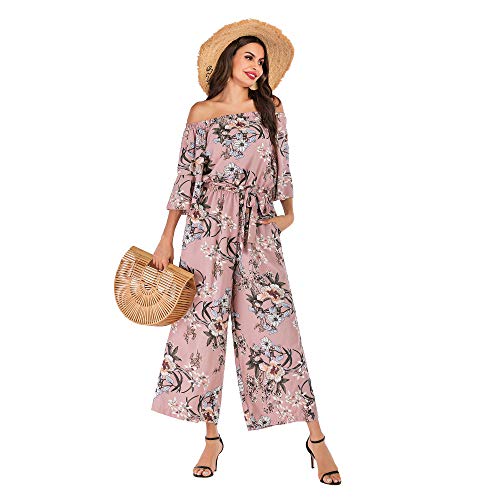 Love Welove Fashion Women's Summer Floral Off Shoulder Ruffled Short Sleeve High Waist Wide Leg Pants Casual Loose Jumpsuit Romper (Xxl, Pink Floral) #TOP6