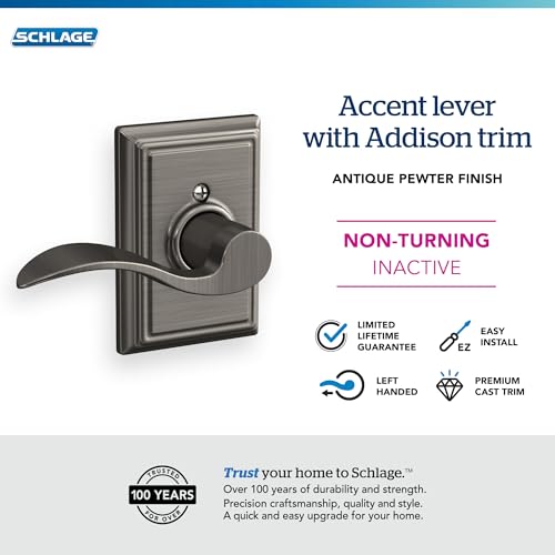 Image of SCHLAGE Accent Lever with Addison Trim Non-Turning Lock in Antique Pewter - Left Handed - F170 ACC 620 ADD LH