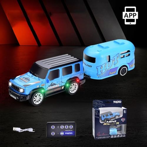 Image of PLUSPOINT 1:64 Mini RC Off-Road Jeep with Camper Van LED Lights 2.4GHz Off-Road Remote Control Car | 3 Speed Adjustable, USB Rechargeable Alloy RC Car for Kids & Adults Indoor /Outdoor Racing