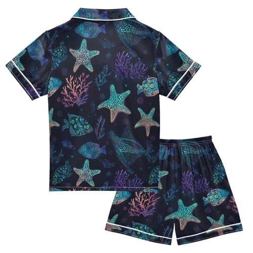 ALAZA Starfish Coral Reef Blue Funny Satin Pajamas Set Short Sleeve Button Down Sleepwear Summer Pjs 2 Piece2