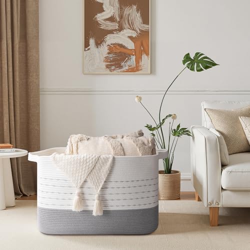Image of OIAHOMY 108L Extra Large Blanket Basket, 25 inchx16 inchx16 inch Rectangle Woven Cotton Rope Baskets for Living Room, Toy Storage with Handle- Gradient Grey