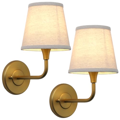 Image of Phansthy Hardwired Brass Boho Wall Sconces Set of 2, Vintage Industrial Wall Lamps, Vanity Sconces Wall Lighting with Natural Fabric Shade for Bathroom Bedroom Living Room (Antique + Linen Shade)