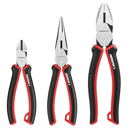ARROW 3PC Pliers Set, Includes 8.5 Inch Linesman, 8 Inch Needle Nose Pliers, 6 Inch Diagonal Cutter, Comfortable Ergonomic Anti-slip Handle, for Basic Repairs