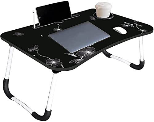 ampragrhd ‘Foldable Bed Study Table Portable Multifunction Laptop Table Lapdesk for Children Bed Foldabe Table Work Office & Home with Tablet Slot & Cup Holder Bed Study Table (Black Flower)