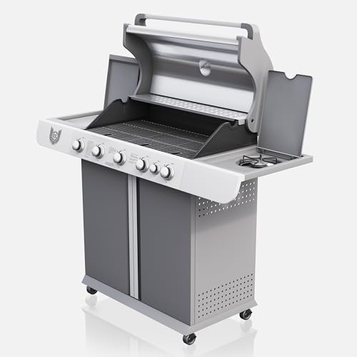 BBQ CHIEF Vision Gasgrill - 5 Brenner Edelstahl, 15 kW, Seitenbrenner, 2,5 kW, Gussrost, Warmhalterrost, Deckel, Thermometer, Rollen - Grill, Grillwagen, Grillstation, Camping,... – Bild 4