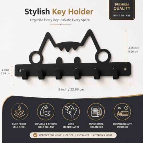 Image of Key Holder for Home, Metal Wall Mounted, 6 Hooks (Cute Cat) | Cat Design, Includes Mounting Screws, For Home Use, 6 Hook Hanger, Metal Construction
