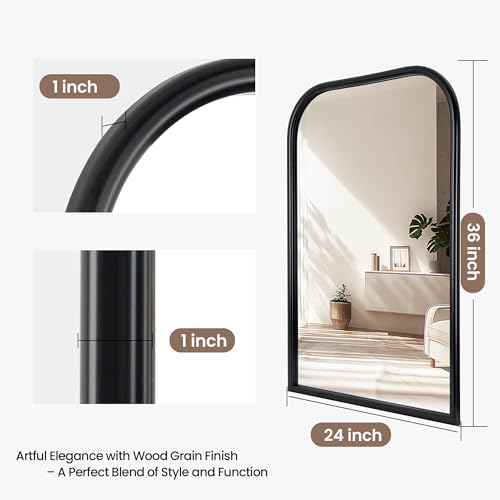 Image of 24 inchx36 inch Arch Wall Mirror Bathroom Mirror for Wall Mounted, Tempered Glass, Wood Grain Finish Frame Wall Mirror Decorative for Living Room Bedroom Entryway, Black